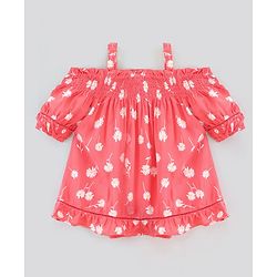 Pine Kids Off Shoulder Sleeves All Over Print Top - Red