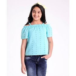 Pine Kids Off Shoulder Sleeves Schiffli Embroidered Top - Blue