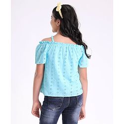 Pine Kids Off Shoulder Sleeves Schiffli Embroidered Top - Blue