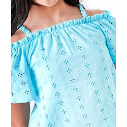 Pine Kids Off Shoulder Sleeves Schiffli Embroidered Top - Blue