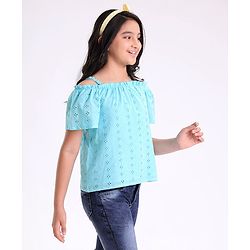Pine Kids Off Shoulder Sleeves Schiffli Embroidered Top - Blue