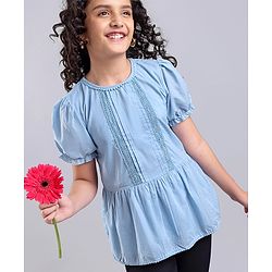 Pine Kids Cotton Woven Half Sleeves Solid Top - Blue