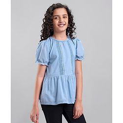 Pine Kids Cotton Woven Half Sleeves Solid Top - Blue