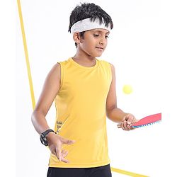 Pine Active Skin Friendly & Breathable Knit Sleeveless Text Printed T Shirt - Yellow