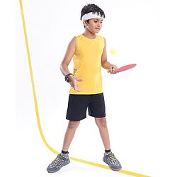 Pine Active Skin Friendly & Breathable Knit Sleeveless Text Printed T Shirt - Yellow