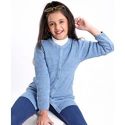 Pine Kids Full Sleeves Moderate Winterwear Sweater With Pearls - Blue