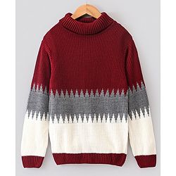 Pine Kids Full Sleeves Turtle Neck Jacquard Pullover Medium Winter Block Design Sweater- Multicolor