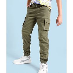 Pine Kids Cotton Woven Full Length Joggers with Cargo Pockets Solid - Olive
