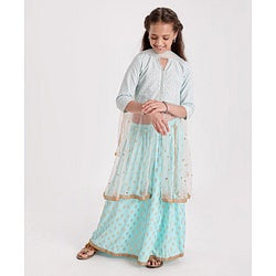 Pine Kids Three Fourth Sleeves Sequined Choli with Foil Printed Lehenga - Turquoise Blue