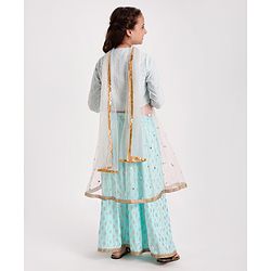 Pine Kids Three Fourth Sleeves Sequined Choli with Foil Printed Lehenga - Turquoise Blue
