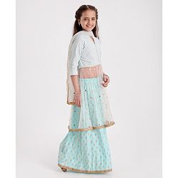 Pine Kids Three Fourth Sleeves Sequined Choli with Foil Printed Lehenga - Turquoise Blue