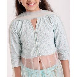 Pine Kids Three Fourth Sleeves Sequined Choli with Foil Printed Lehenga - Turquoise Blue