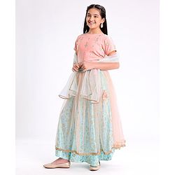 Pine Kids Half Sleeves Choli & Lehenga Set With Dupatta Floral Embrodery & Foil Print- Peach