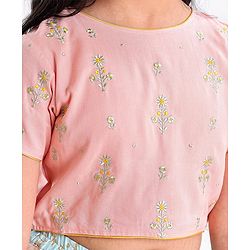 Pine Kids Half Sleeves Choli & Lehenga Set With Dupatta Floral Embrodery & Foil Print- Peach