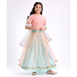 Pine Kids Half Sleeves Choli & Lehenga Set With Dupatta Floral Embrodery & Foil Print- Peach
