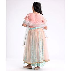 Pine Kids Half Sleeves Choli & Lehenga Set With Dupatta Floral Embrodery & Foil Print- Peach