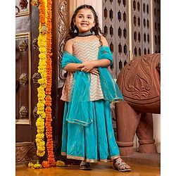 Pine Kids Sleeveless Choli Lehenga Set With Dupatta - Peach