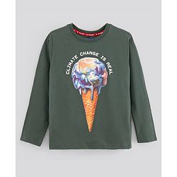 Pine Kids Full Sleeves Biowashed T-Shirt Earth & Text Print - Green
