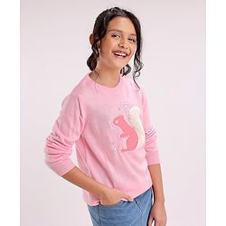 Pine Kids Full Sleeves Medium Winter Pullover Squirrel Print & Embroidery - Pink