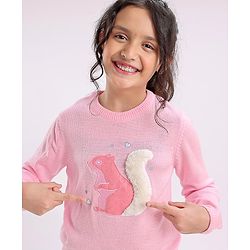 Pine Kids Full Sleeves Medium Winter Pullover Squirrel Print & Embroidery - Pink