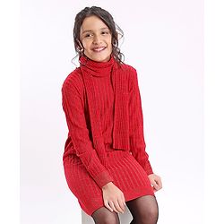 Pine Kids Full Sleeves Woolen Dress With Scarf Medium Winter - Red