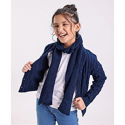 Pine Kids Full Sleeves  Light Winter Sweater & Muffler Set Solid- Navy Blue
