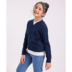 Pine Kids Full Sleeves  Light Winter Sweater & Muffler Set Solid- Navy Blue