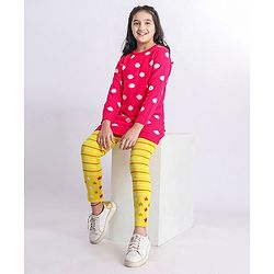 Pine Kids Moderate Winter Full Sleeves Pullover Sweater & Leggings Set Polka Dots & Star Design - Pink Yellow