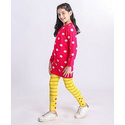Pine Kids Moderate Winter Full Sleeves Pullover Sweater & Leggings Set Polka Dots & Star Design - Pink Yellow