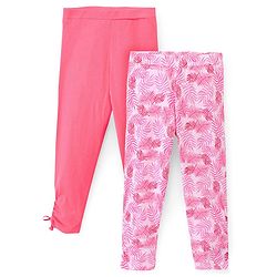 Pine Kids Ankle Length Biowashed Cotton Stretchable Leggings Solid & Leaf Print Pack Of 2 - Pink