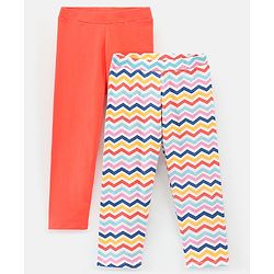 Pine Kids Knit Three Fourth Leggings Biowash With Striped Print and Solid Pack of 2 - Coral & White
