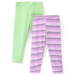 Pine Kids Ankle Length Biowashed Cotton Stretchable Leggings Solid & Striped Pack Of 2 - Multicolor