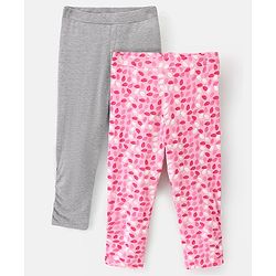 Pine Kids Ankle Length Biowashed Cotton Stretchable Leggings Solid & Leaf Print Pack Of 2 - Pink Grey