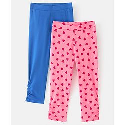 Pine Kids Three Fourth Length Biowashed Cotton Stretchable Leggings Solid & Heart Print Pack Of 2 - Pink Blue