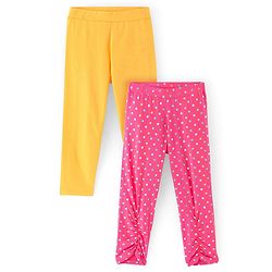 Pine Kids Knit Three Fourth Biowashed Leggings Polka Dot Print And Solid Pack of 2 - Pink Yellow