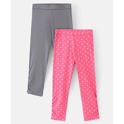 Pine Kids Knit Three Fourth Biowashed Leggings Polka Dot Print And Solid Pack of 2 - Grey Pink