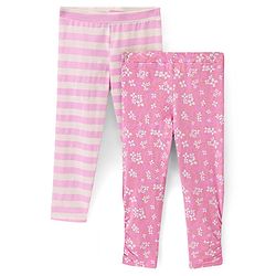 Pine Kids Three Fourth Length Biowashed Cotton Stretchable Leggings Striped & Floral Print Pack Of 2 - Pink
