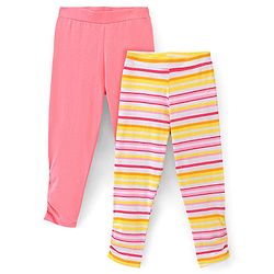 Pine Kids Three Fourth Biowashed Cotton Stretchable Leggings Solid & Striped Print - Rose White