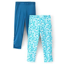 Pine Kids Three Fourth Length Biowashed Cotton Stretchable Leggings Solid & Leaf Print Pack Of 2 - Blue