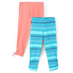 Pine Kids Three Fourth Length Cotton Biowashed Stretchable Leggings Striped & Solid Pack Of 2 - Blue Orange