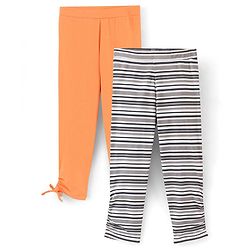 Pine Kids Three Fourth Stretchable Leggings Biowash with Stripe Print & Solid Pack of 2 - Orange White