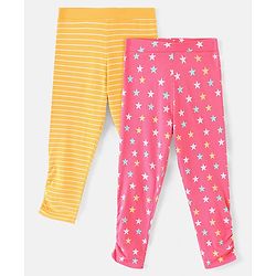 Pine Kids Three Fourth Stretchable Leggings Biowash With Stripe & Star Print Pack Of 2 - Pink White