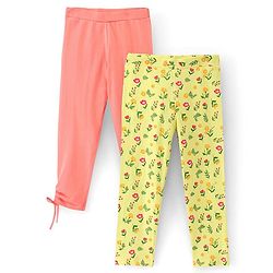 Pine Kids Ankle Length Biowashed Cotton Stretchable Leggings Solid & Floral Print Pack Of 2 - Yellow Peach