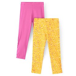 Pine Kids Knit Three Fourth Biowashed Stretchable Leggings Solid & Polka Dot Print Pack of 2 - Yellow Pink