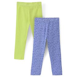 Pine Kids Knit Three Fourth Biowashed Stretchable Leggings Polka Dot Print And Solid Pack of 2- Green Blue