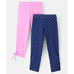 Pine Kids Knit Three Fourth Biowashed Stretchable Leggings Polka Dot Print And Solid Pack of 2- Purple Blue