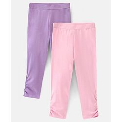 Pine Kids Three Fourth Length Biowashed Cotton Stretchable Solid Leggings Pack Of 2 - Violet Pink