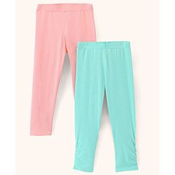 Pine Kids Three Fourth Length Biowashed Cotton Stretchable Leggings Solid & Leaf Print Pack Of 2 - Pink Green