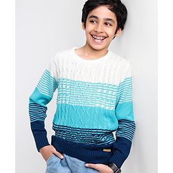 Pine Kids Moderate Winter Cable Knit Full Sleeves Sweater - White Navy Blue