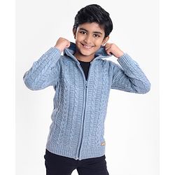 Pine Kids Full Sleeves Hooded Sweater With Cable Structure- Blue